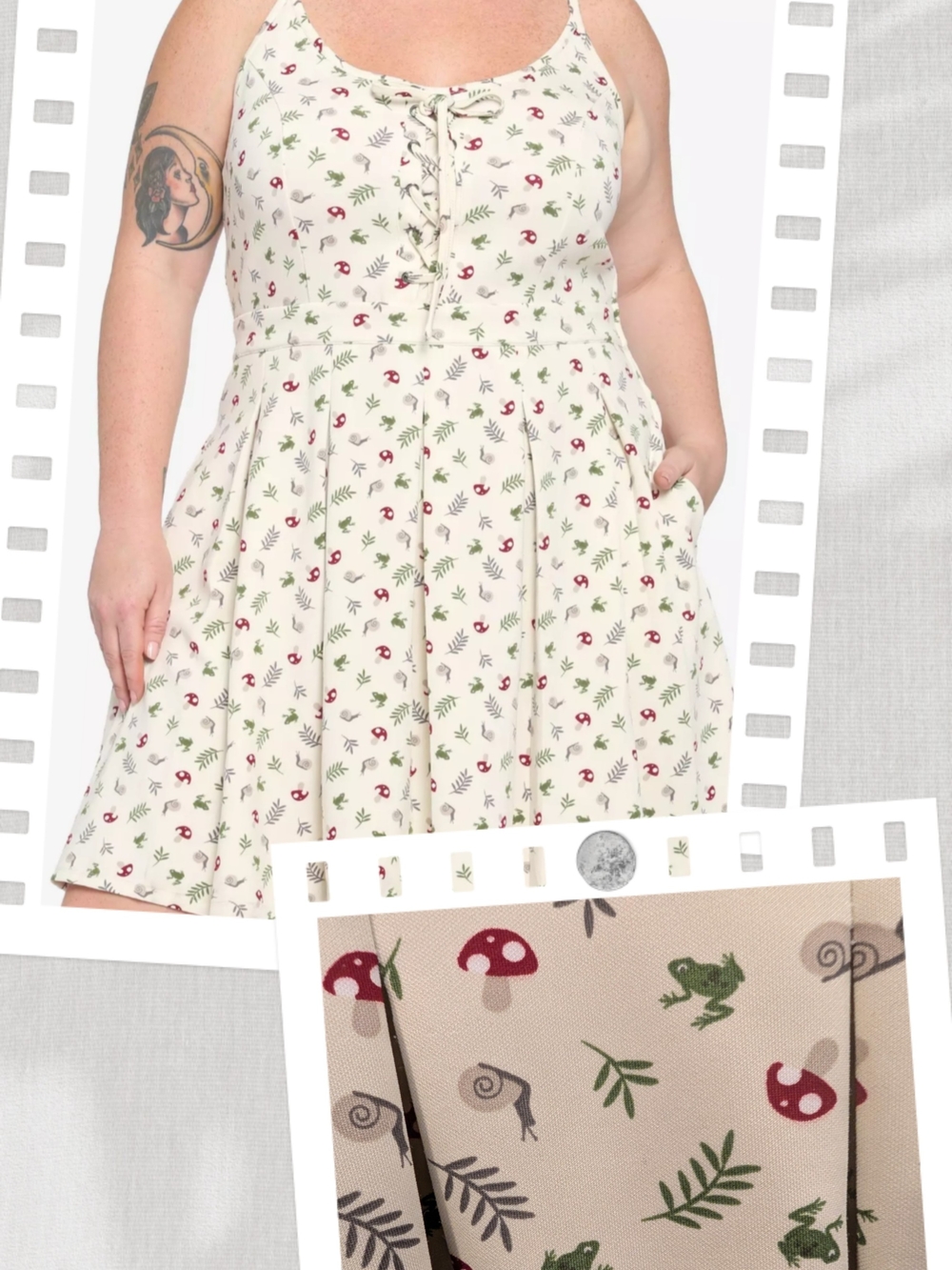Hot Topic Plus Size 4 Cream Mini Dress, Lace Up Front, Mushrooms, Snails, Frogs